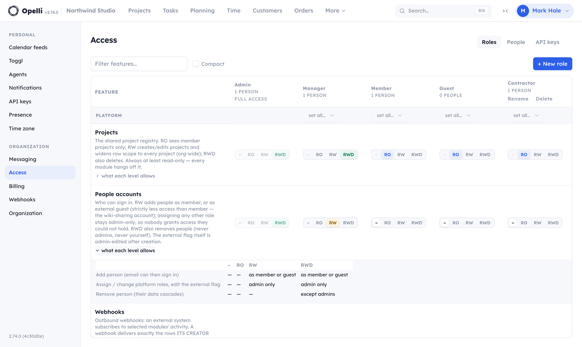 The Access console: features × roles grid with per-level pickers and an expanded 'what each level allows' capability matrix.