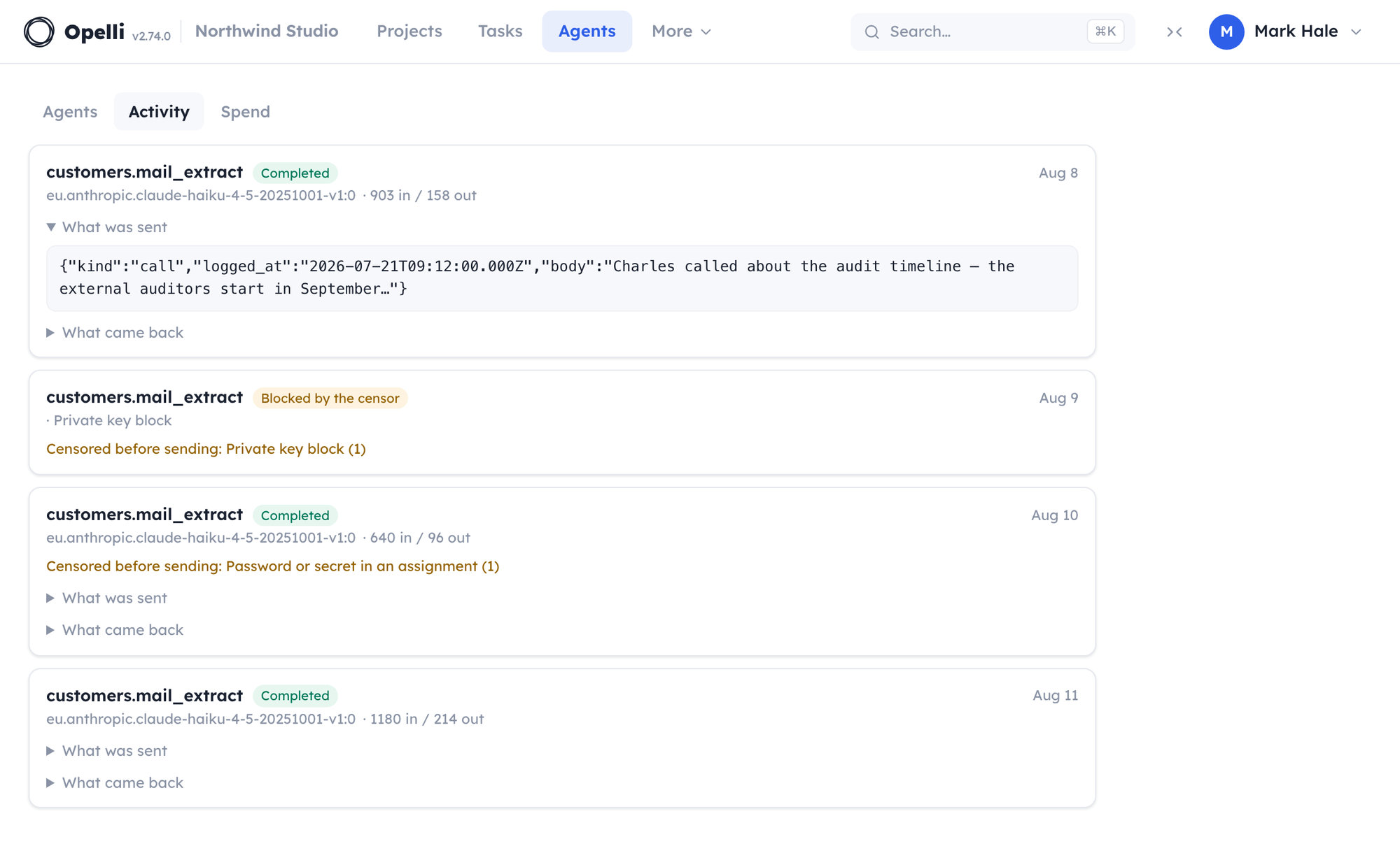The Agents activity log: one card per model call with the model and token counts, one payload unfolded to show what actually left, a run blocked by the private-key rule, and one whose password was removed before sending.