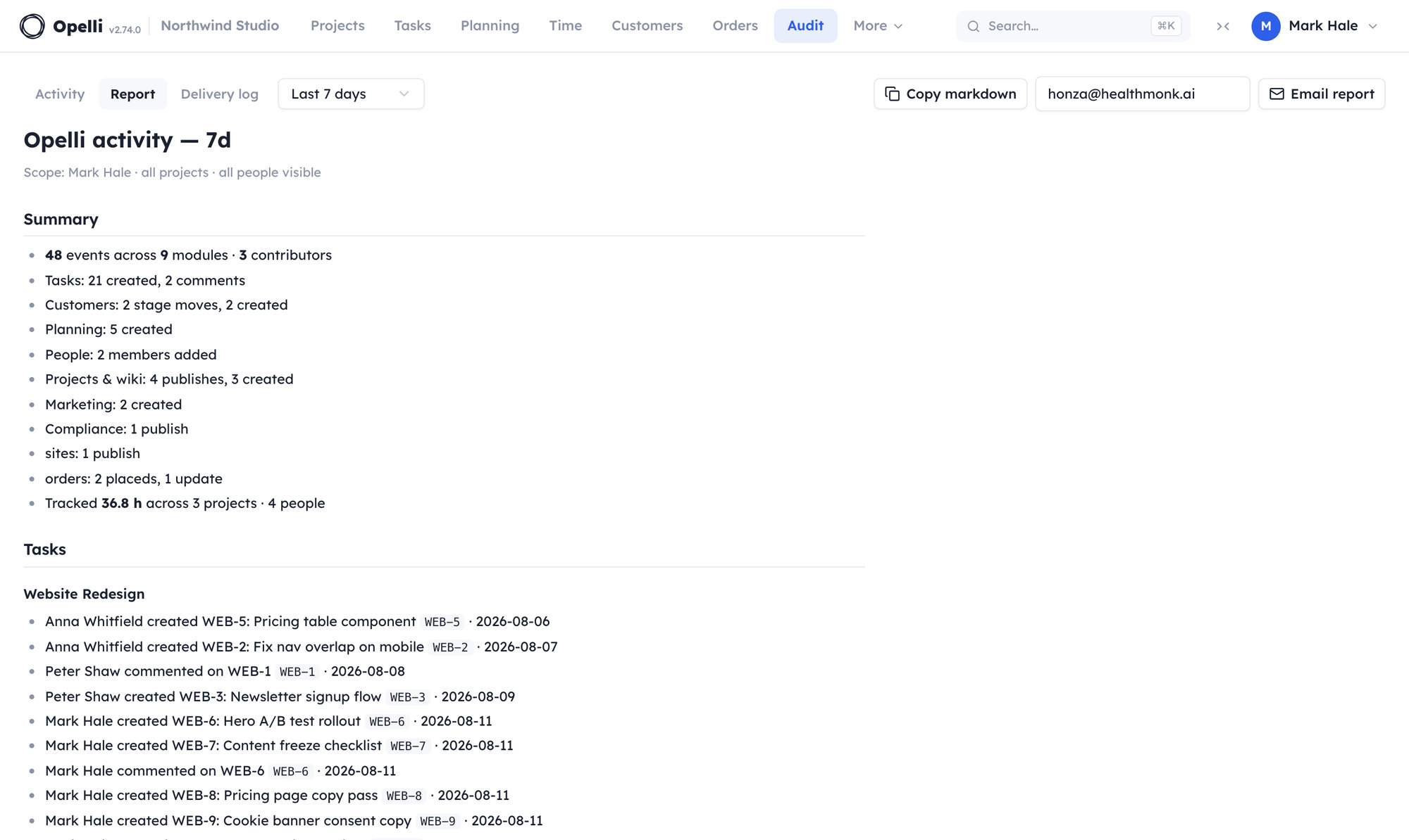 The Report view: a summary with per-module tallies and tracked hours, then the detail grouped by project, above Copy markdown and Email report buttons.