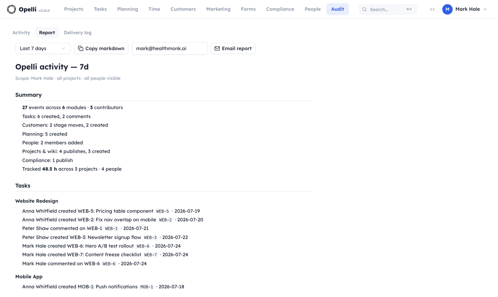 The Report view: a summary with per-module tallies and tracked hours, then the detail grouped by project, above Copy markdown and Email report buttons.