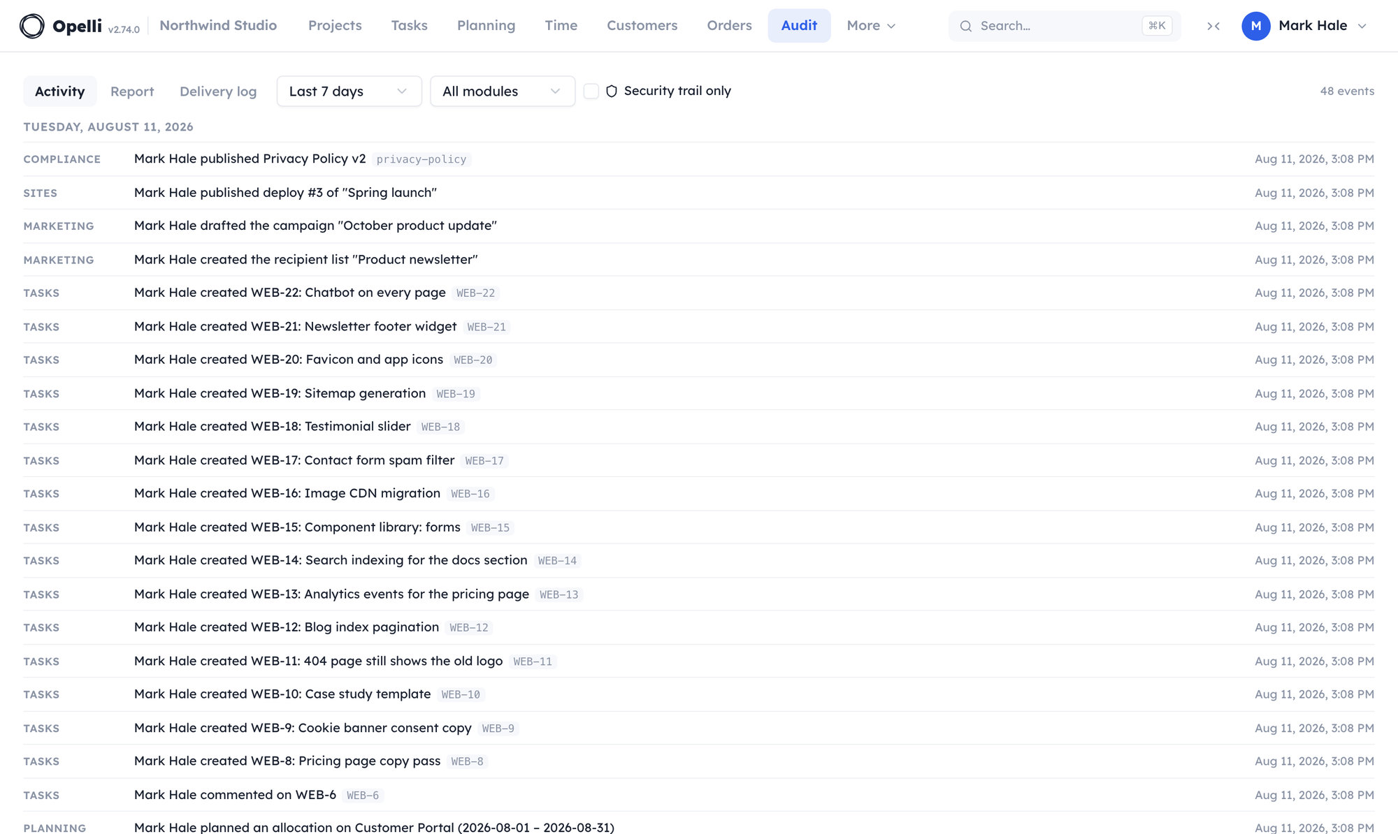 The Audit activity stream: events grouped by day with a module label per row, range and module filters, and a security-trail toggle.