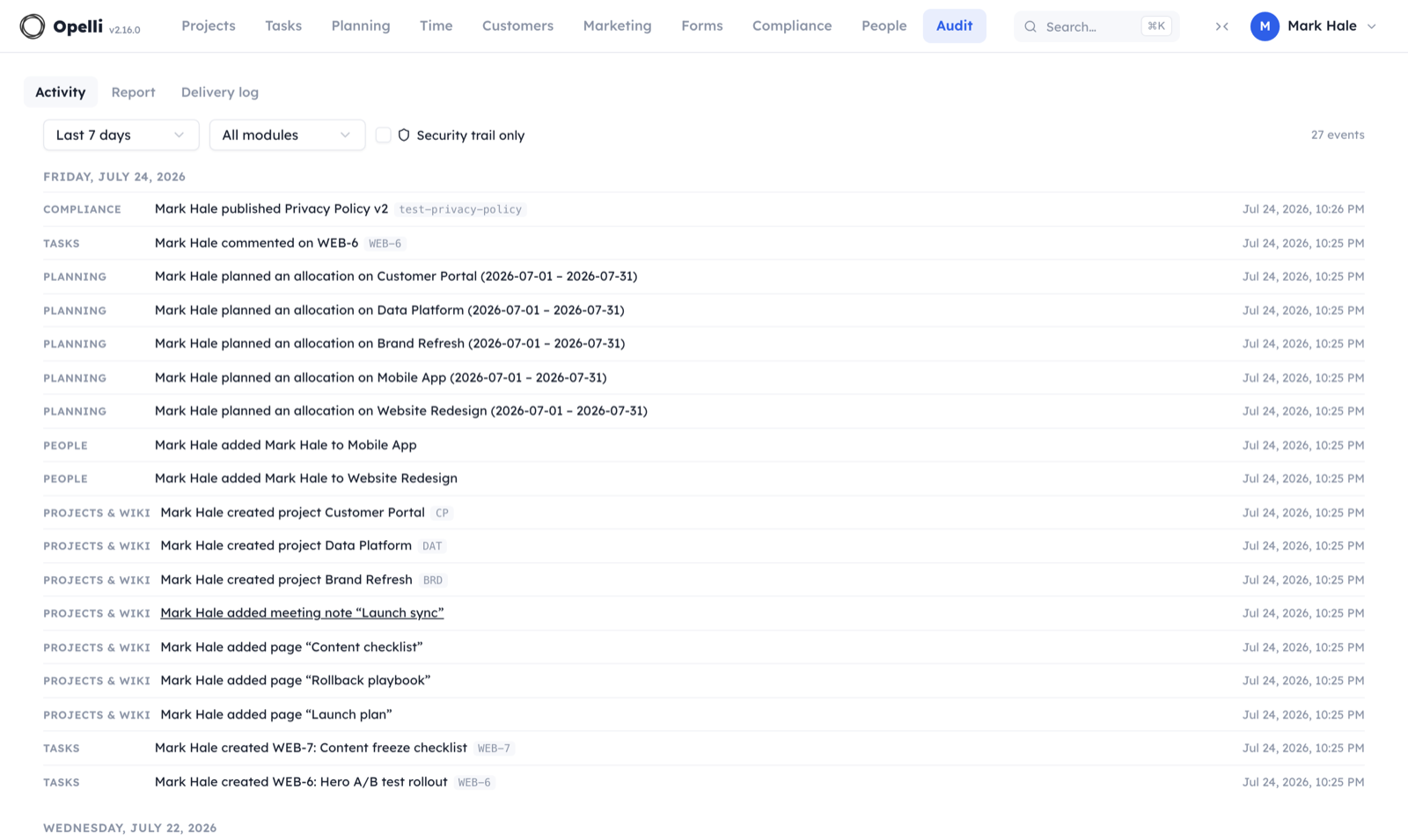 The Audit activity stream: events grouped by day with a module label per row, range and module filters, and a security-trail toggle.