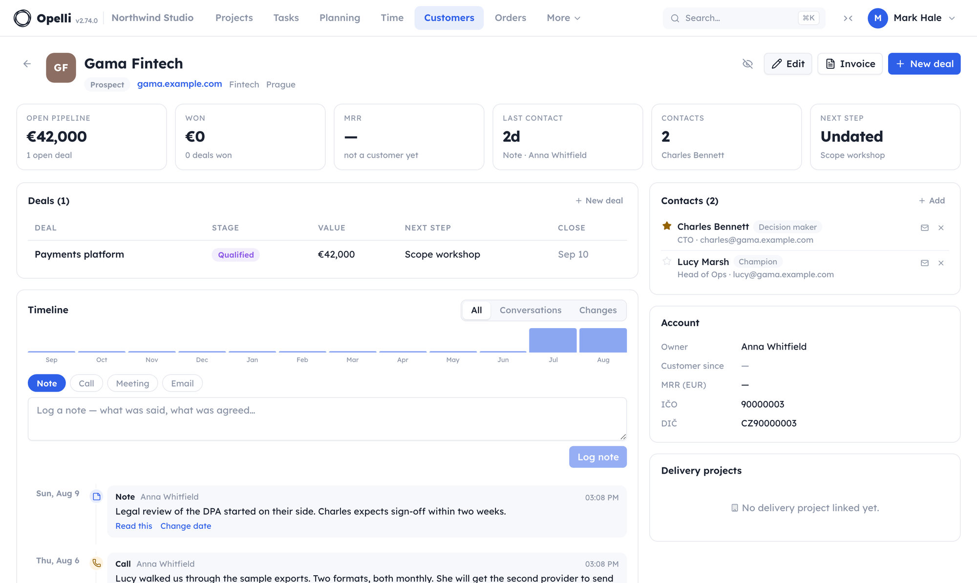 A customer's page: headline figures across the top, the deals table, the day-by-day history of notes, calls and emails, with contacts and customer details down the side.