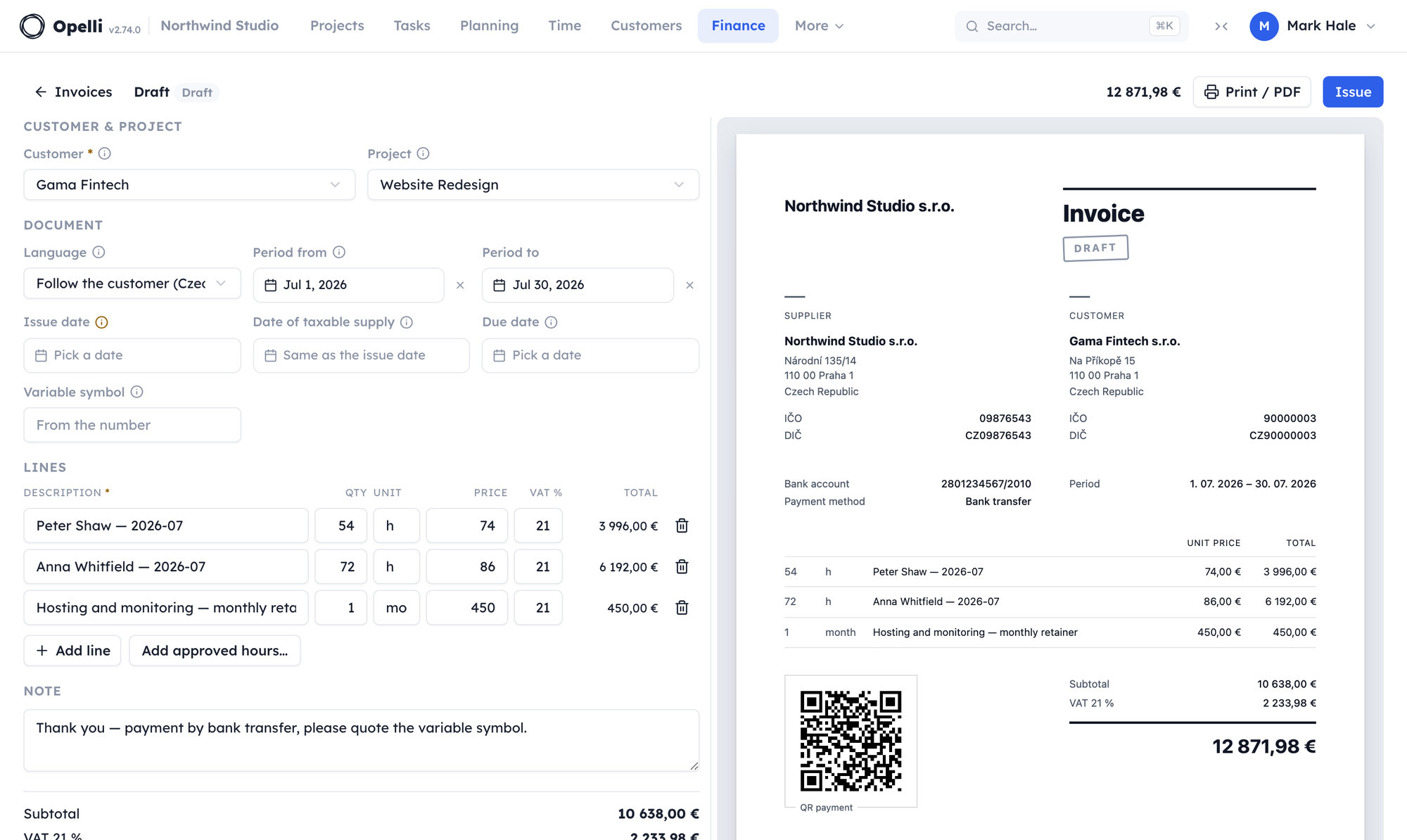 The invoice builder: the customer, period and lines on the left — two of them drawn from approved months — and the finished invoice on the right with the letterhead, VAT, totals and a payment QR code.