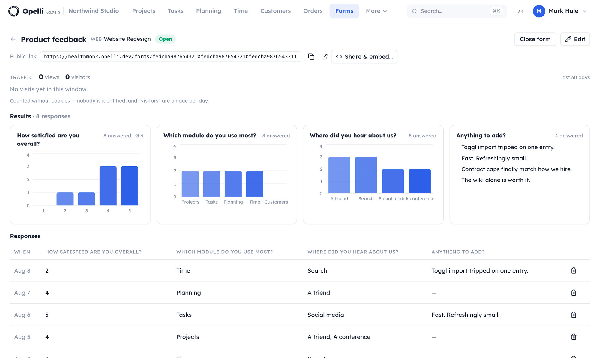 The Forms results view: per-question charts for the rating and choice questions, latest text answers, and the response table under the public link.