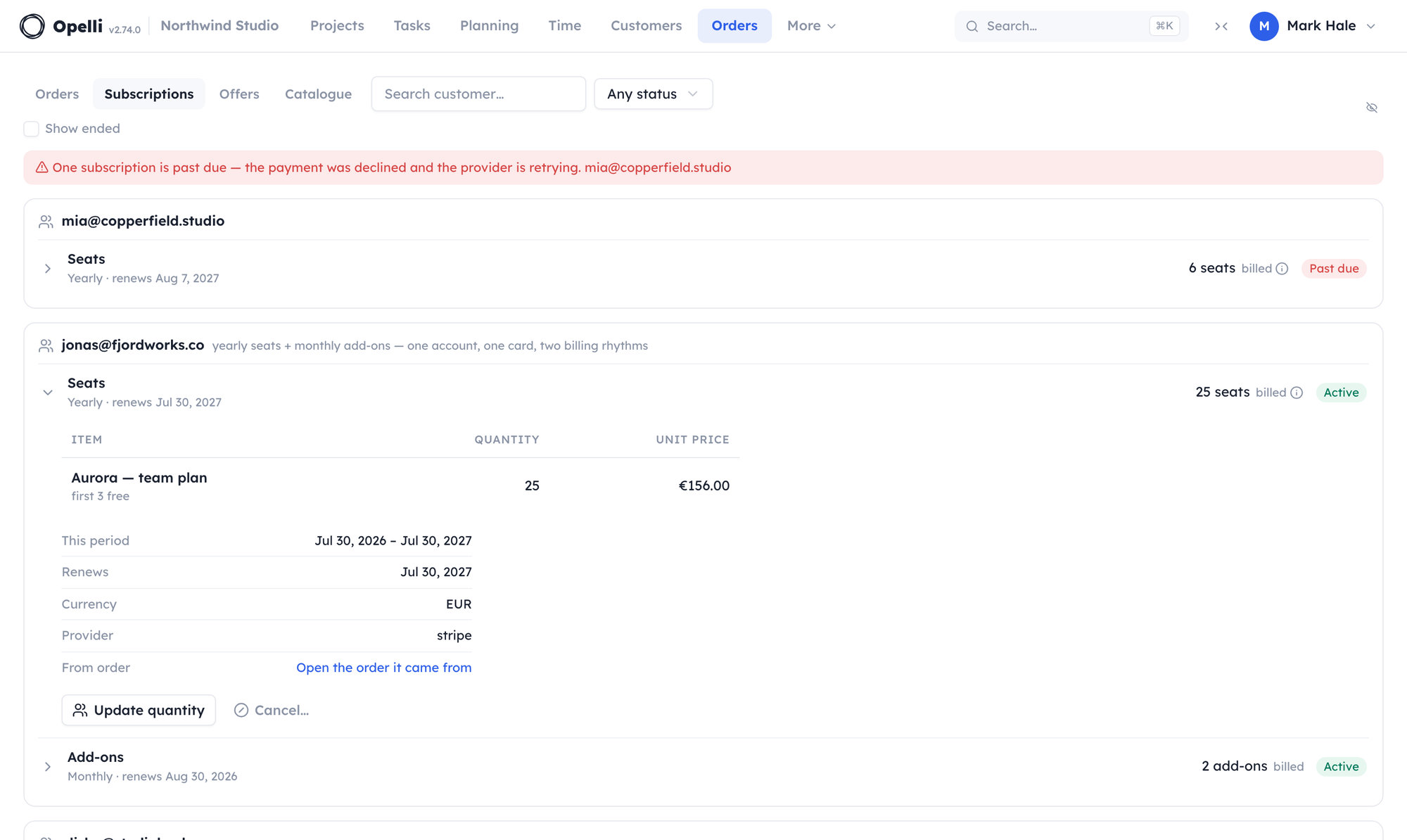 The Subscriptions tab grouped by customer: a past-due alert at the top, and one account billing yearly seats and monthly add-ons on a single card, expanded to its items and period.