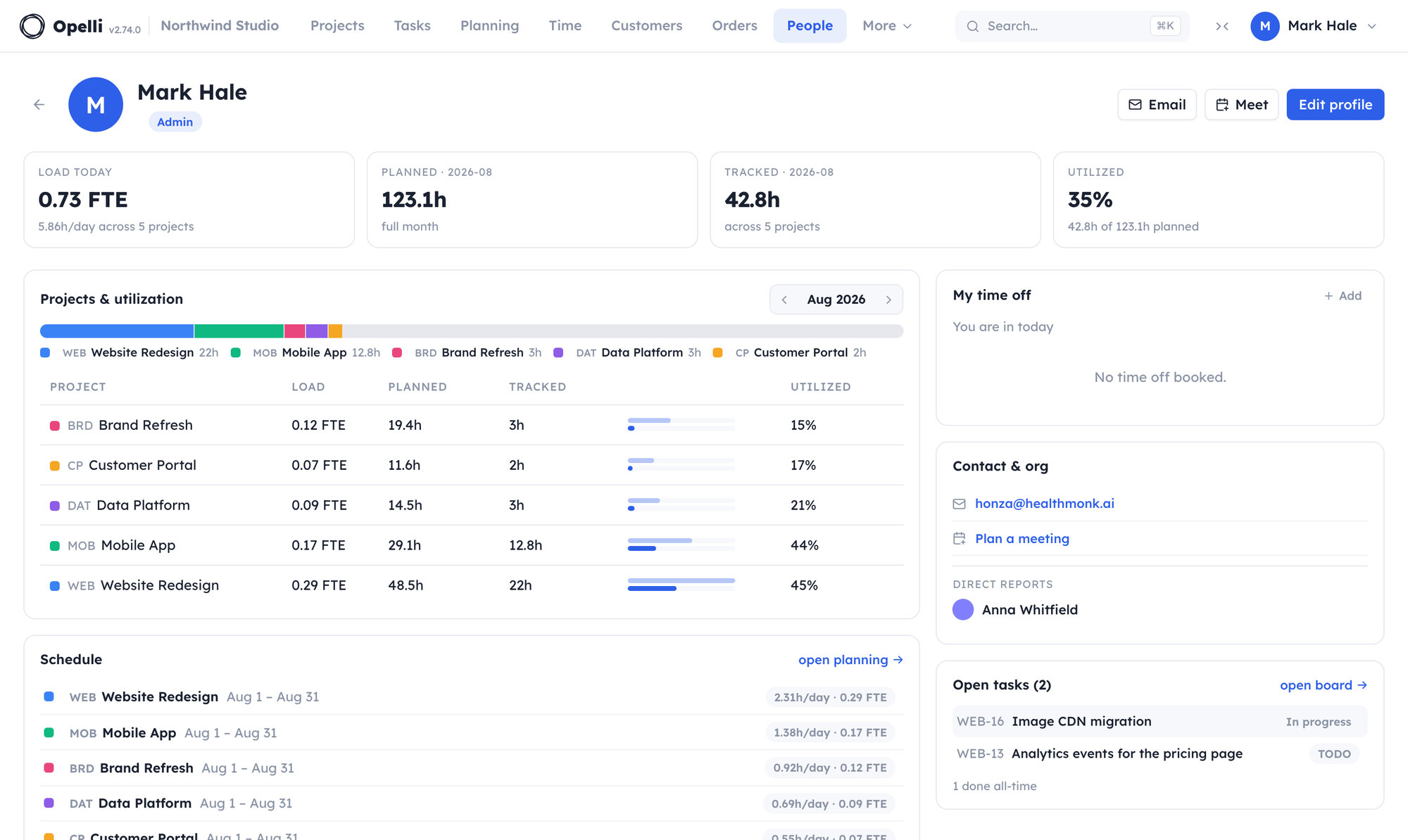 A person's page: five projects stacked into one utilization bar for the month, each in its project color, with the per-project table below.