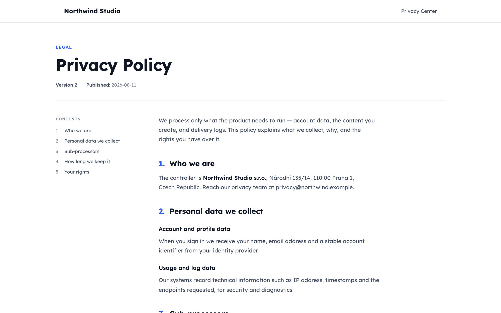 A published privacy policy on the Privacy Center: the document title and version, a sticky table of contents built from its headings, and numbered sections.