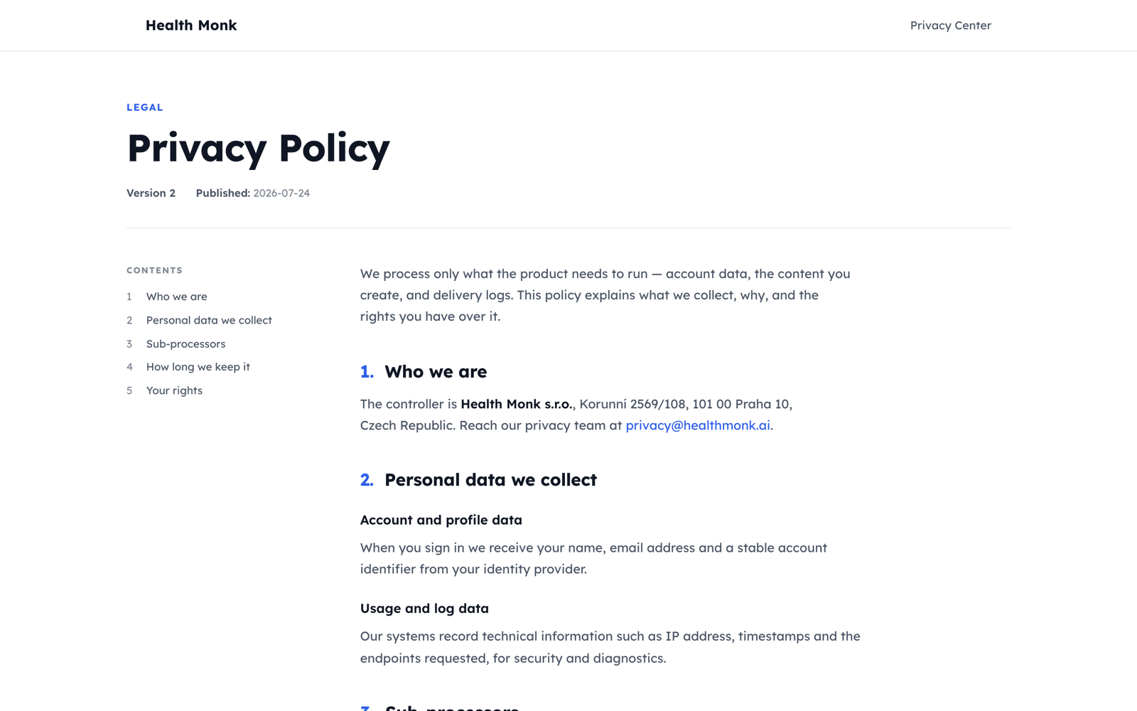 A published privacy policy on the Privacy Center: the document title and version, a sticky table of contents built from its headings, and numbered sections.
