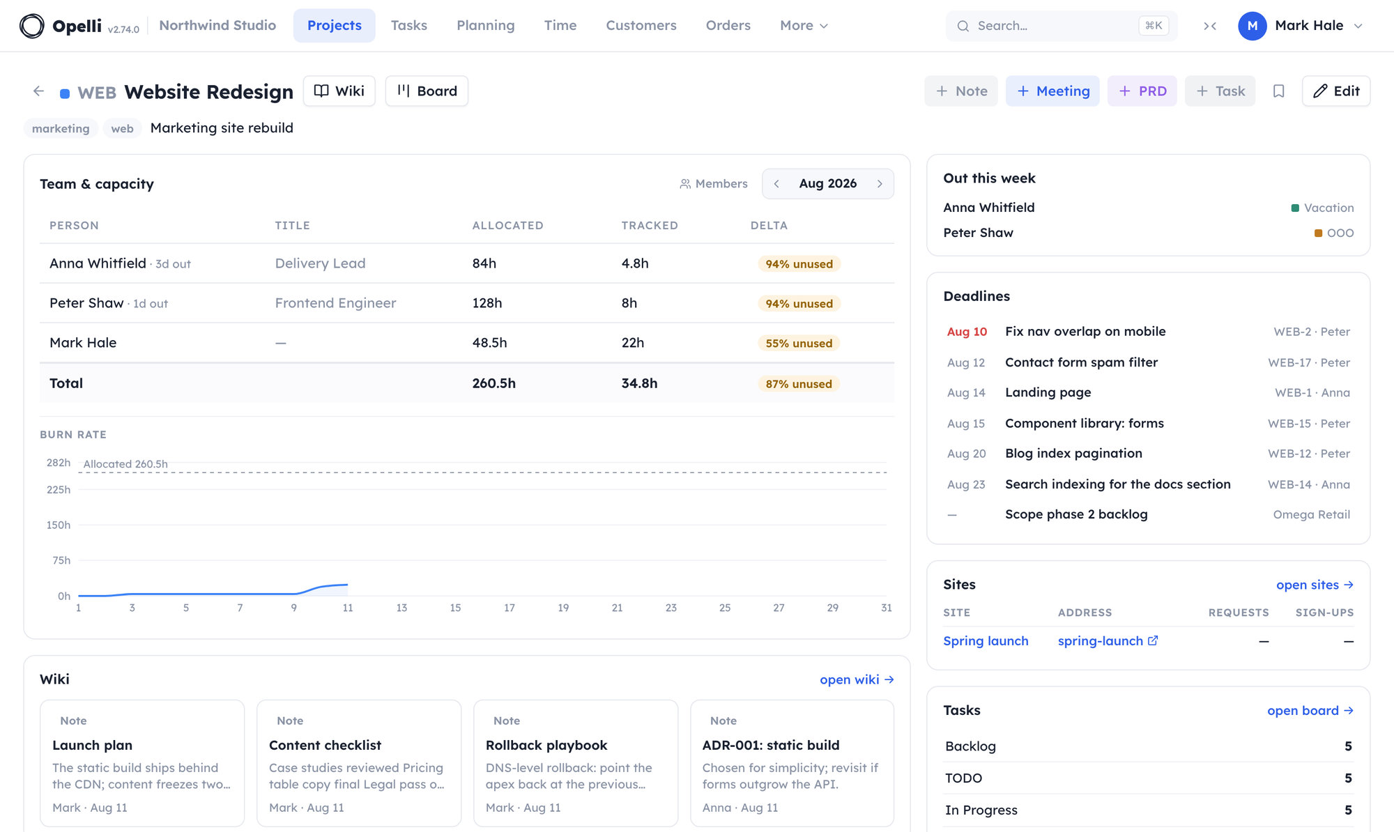 A project detail page: team and capacity table, budget chart, wiki and task widgets.