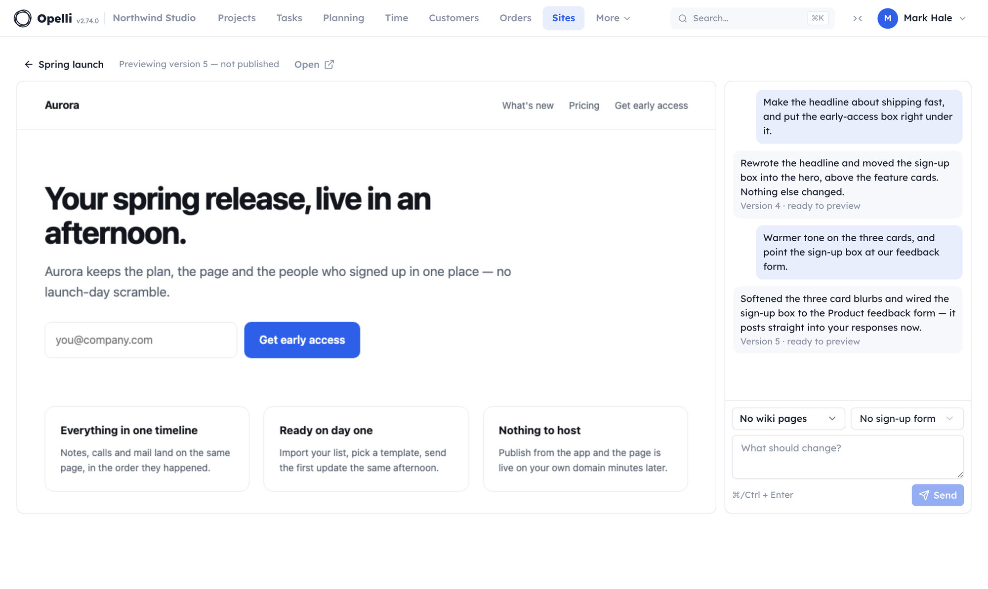 The site assistant: a rendered landing page in the preview pane marked “Previewing version 5 — not published”, and a chat beside it where two instructions each came back with a summary of what changed.