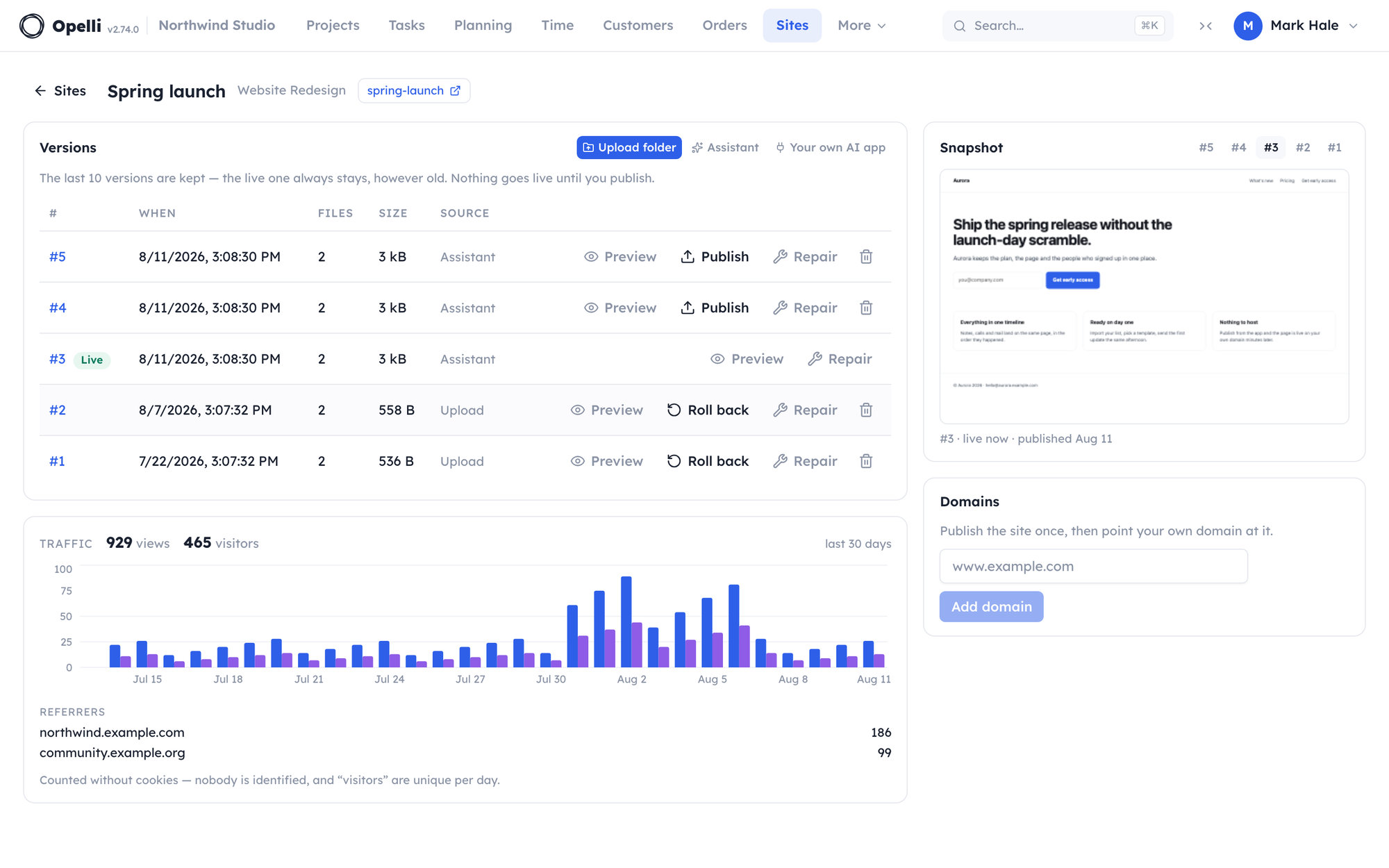 A microsite in Opelli: the version list — five versions, three written by the assistant, one marked Live, with Preview, Publish and Roll back beside the others — a picture of the page each version is, the last thirty days of visits, and a box to point your own domain at it.