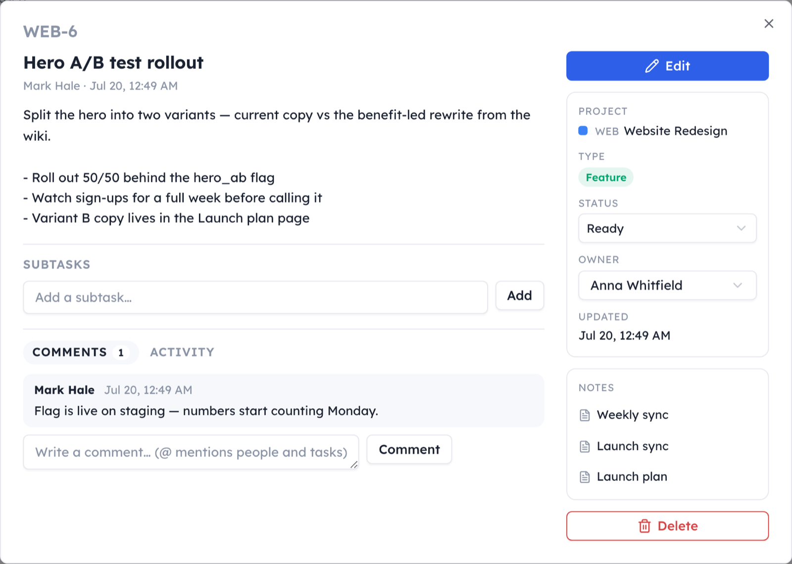 A task opened read-first: the description up front, quick status and owner selects in the sidebar, and the Weekly sync meeting note it came from linked below.