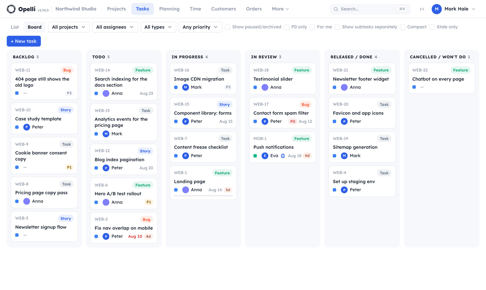 The Tasks board: status columns with typed task cards, assignees and due dates.