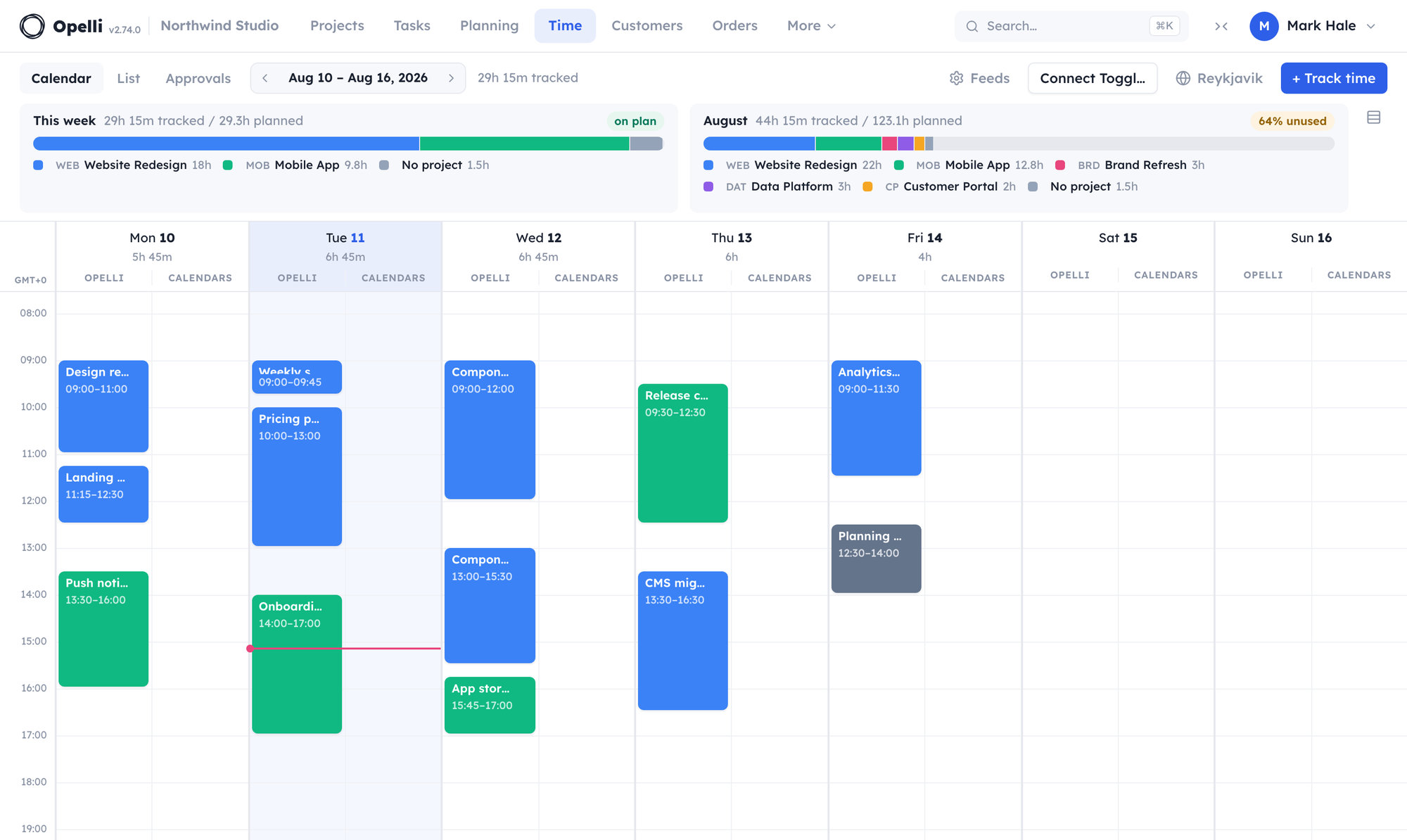 The Time week calendar with time entries laid out across the week.