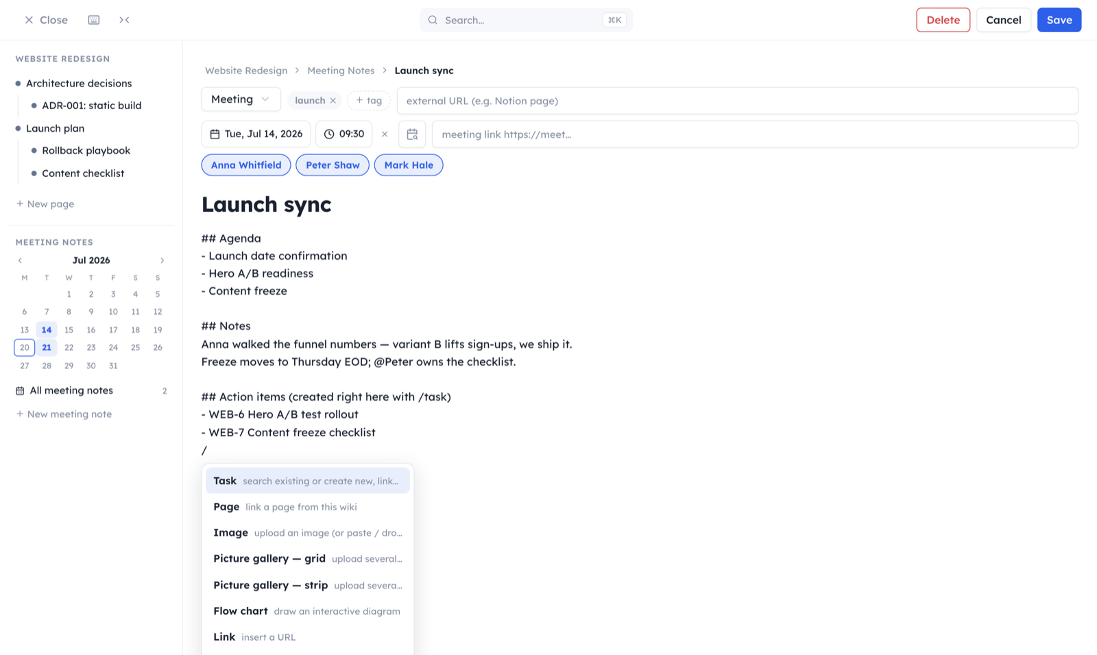 The wiki editor on a meeting note: attendee chips, markdown body, and the slash-command menu offering Task, Page, Image, Flow chart and more.